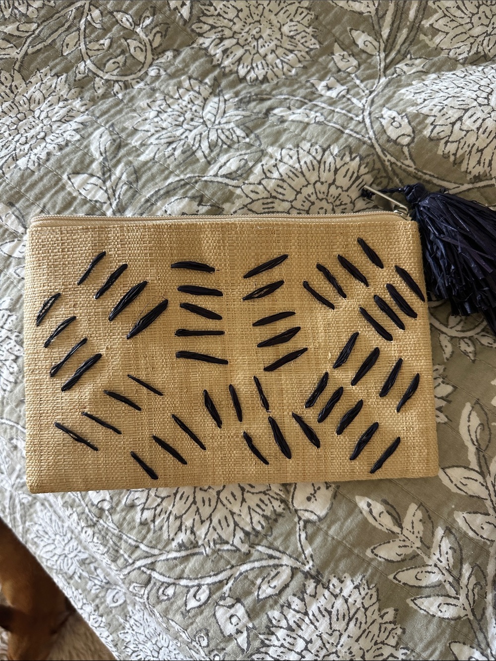 Beaded Straw Wristlet Clutch in Natural with Navy Tassel